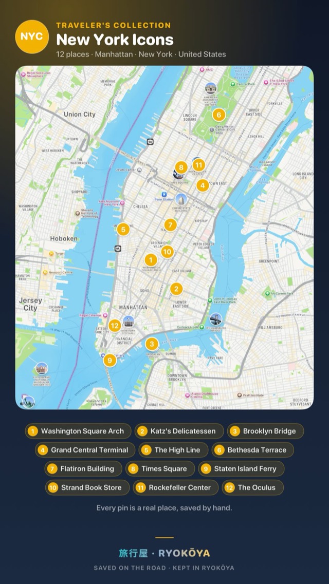 A Ryokōya favorites collection shared as a card: New York Icons, twelve places pinned on a map of Manhattan, listed underneath from Washington Square Arch to The Oculus.