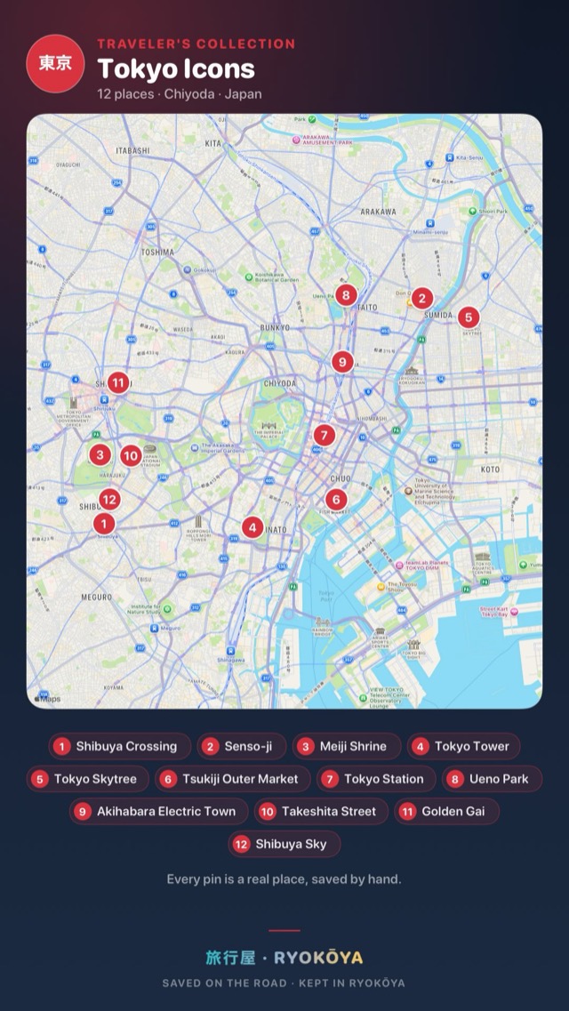 A Ryokōya favorites collection shared as a card: Tokyo Icons, twelve places pinned on a map of Tokyo, listed underneath from Shibuya Crossing to Shibuya Sky.