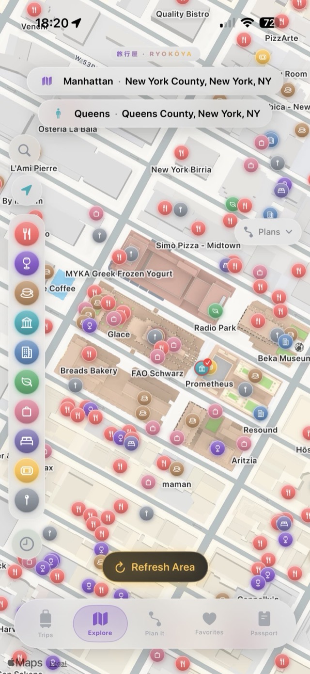 Ryokōya's Explore map over midtown Manhattan, dense with categorized places and the neighborhood you are standing in named at the top.