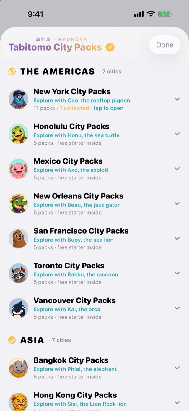 The Tabitomo City Packs roster: cities grouped by region, each with its own companion — Coo in New York, Honu in Honolulu, Rakku in Toronto, Kai in Vancouver.